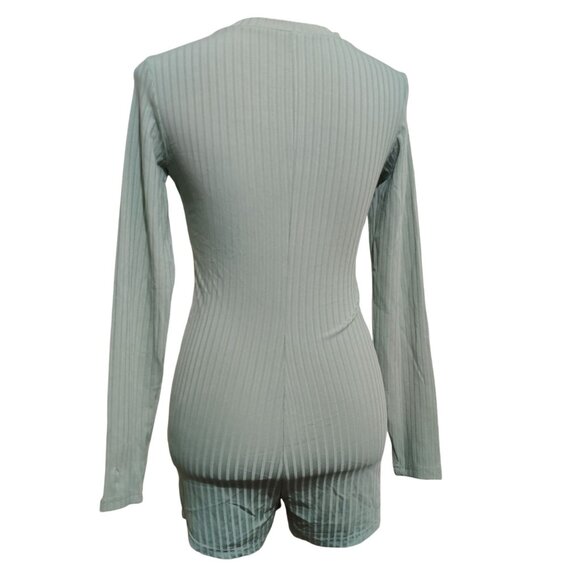 Womens Romper Pajama One Piece Ribbed Long Sleeve Button Front Sage Green Size S - Picture 3 of 5